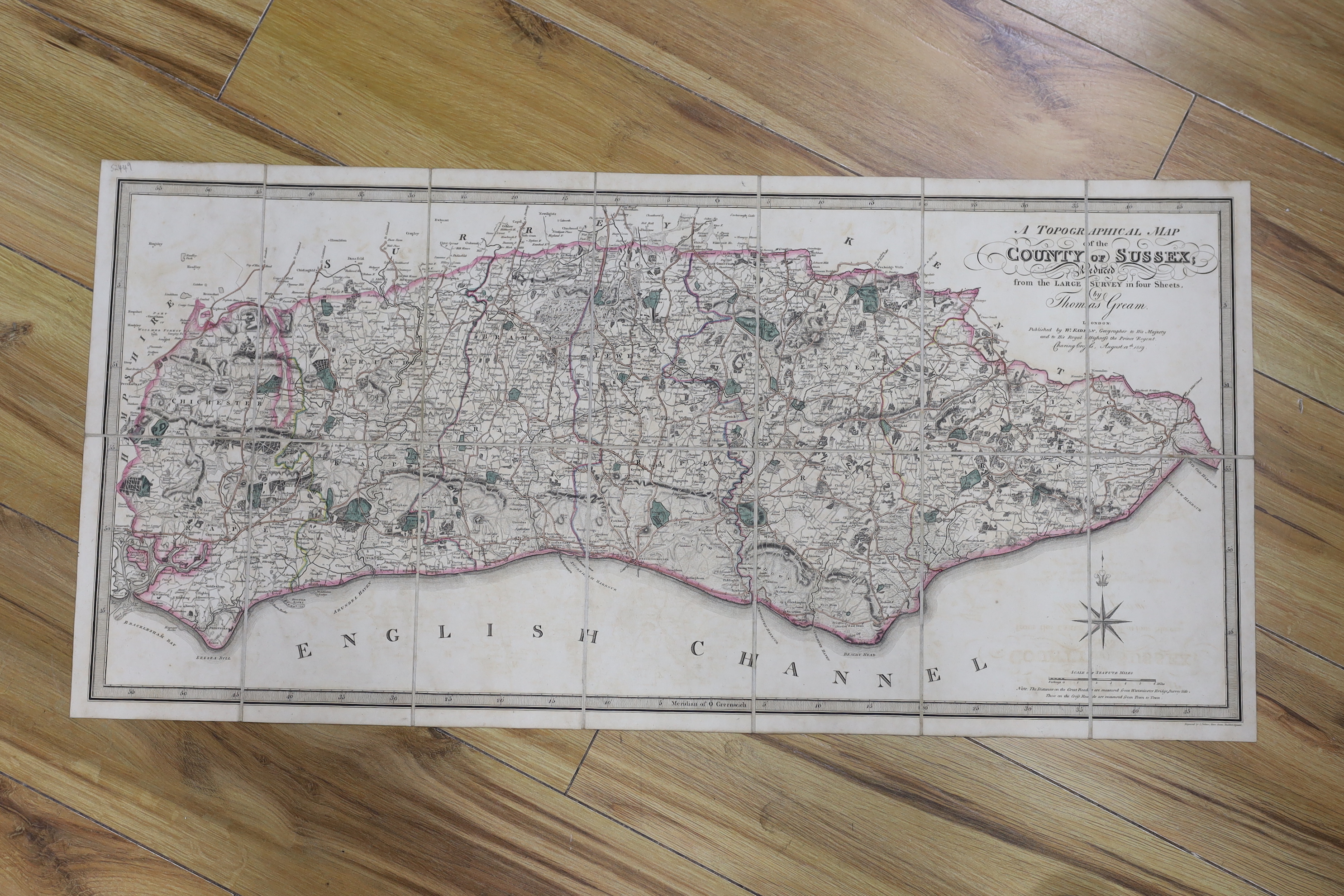 Sussex map, a reduced version of the survey by Thomas Gream, sold by William Faden, dated 1819, folding map in slip case, 39 x 81cm